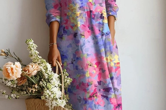 Xenia - Women's Floral V-Neck A-Line Midi Dress - Purple