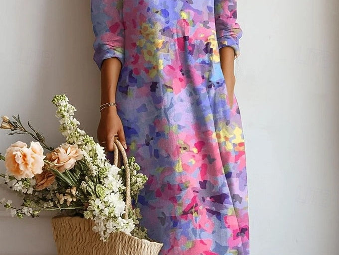 Xenia - Women's Floral V-Neck A-Line Midi Dress - Purple