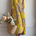 Xenia - Women's Floral V-Neck A-Line Midi Dress - Yellow