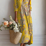 Xenia - Women's Floral V-Neck A-Line Midi Dress - Yellow