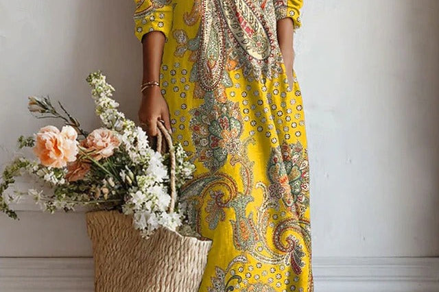 Xenia - Women's Floral V-Neck A-Line Midi Dress - Yellow