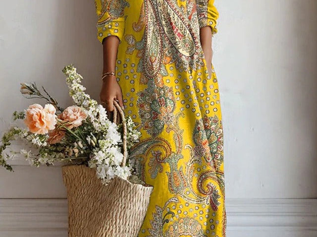 Xenia - Women's Floral V-Neck A-Line Midi Dress - Yellow
