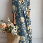 Xenia - Women's Floral V-Neck A-Line Midi Dress - Blue