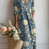 Xenia - Women's Floral V-Neck A-Line Midi Dress - Blue
