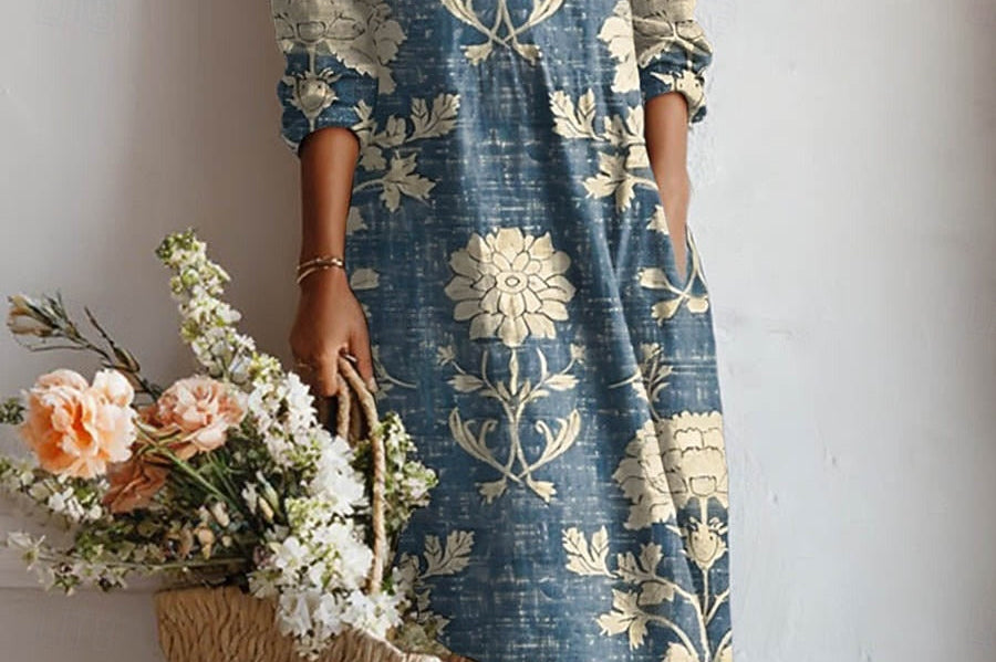 Xenia - Women's Floral V-Neck A-Line Midi Dress - Blue