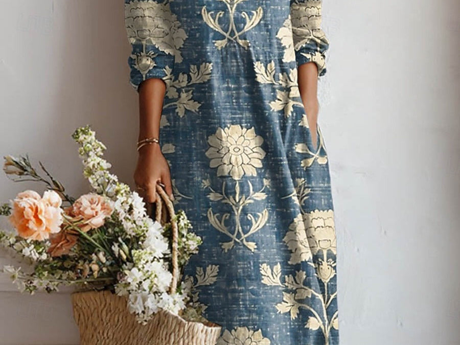 Xenia - Women's Floral V-Neck A-Line Midi Dress - Blue
