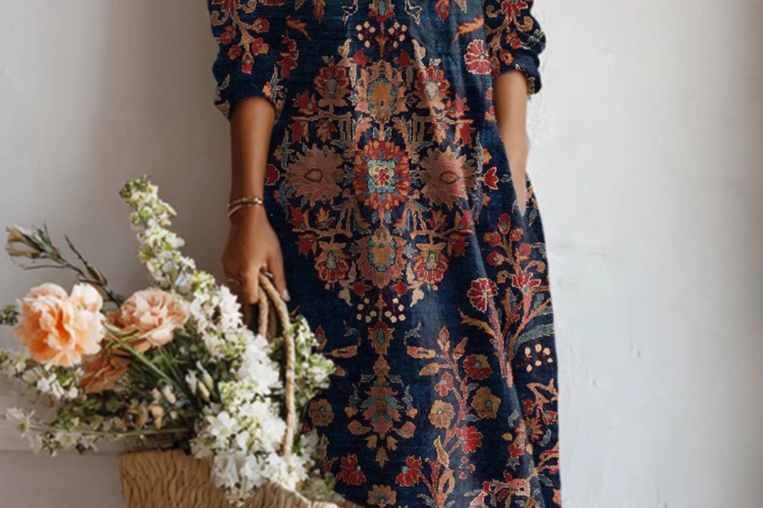 Xenia - Women's Floral V-Neck A-Line Midi Dress - Dark Blue