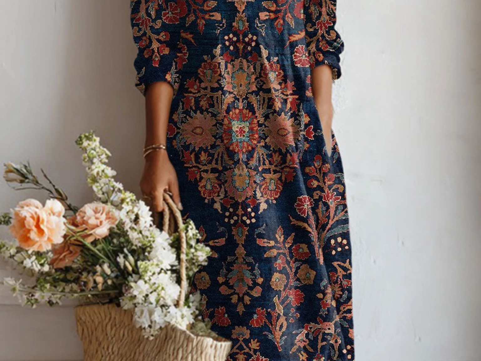 Xenia - Women's Floral V-Neck A-Line Midi Dress - Dark Blue
