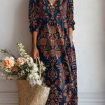 Xenia - Women's Floral V-Neck A-Line Midi Dress - Dark Blue