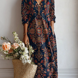 Xenia - Women's Floral V-Neck A-Line Midi Dress - Dark Blue