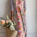 Xenia - Women's Floral V-Neck A-Line Midi Dress - Pink