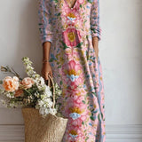 Xenia - Women's Floral V-Neck A-Line Midi Dress - Pink