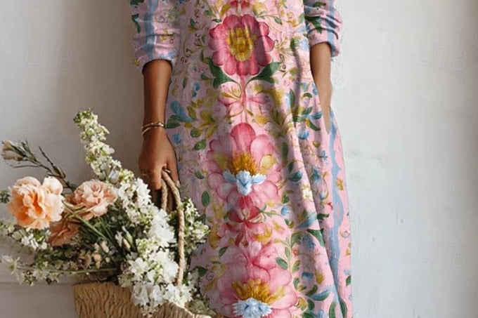 Xenia - Women's Floral V-Neck A-Line Midi Dress - Pink