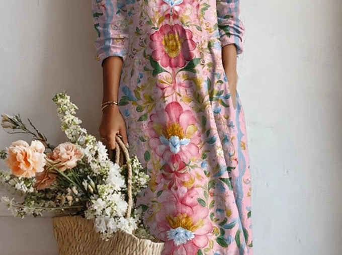 Xenia - Women's Floral V-Neck A-Line Midi Dress - Pink