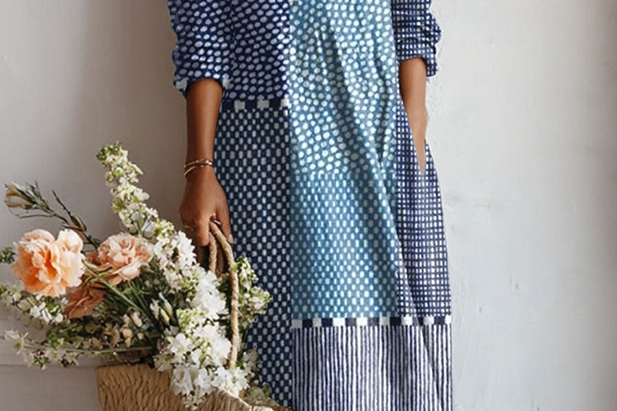 Xenia - Women's Floral V-Neck A-Line Midi Dress - Light Blue