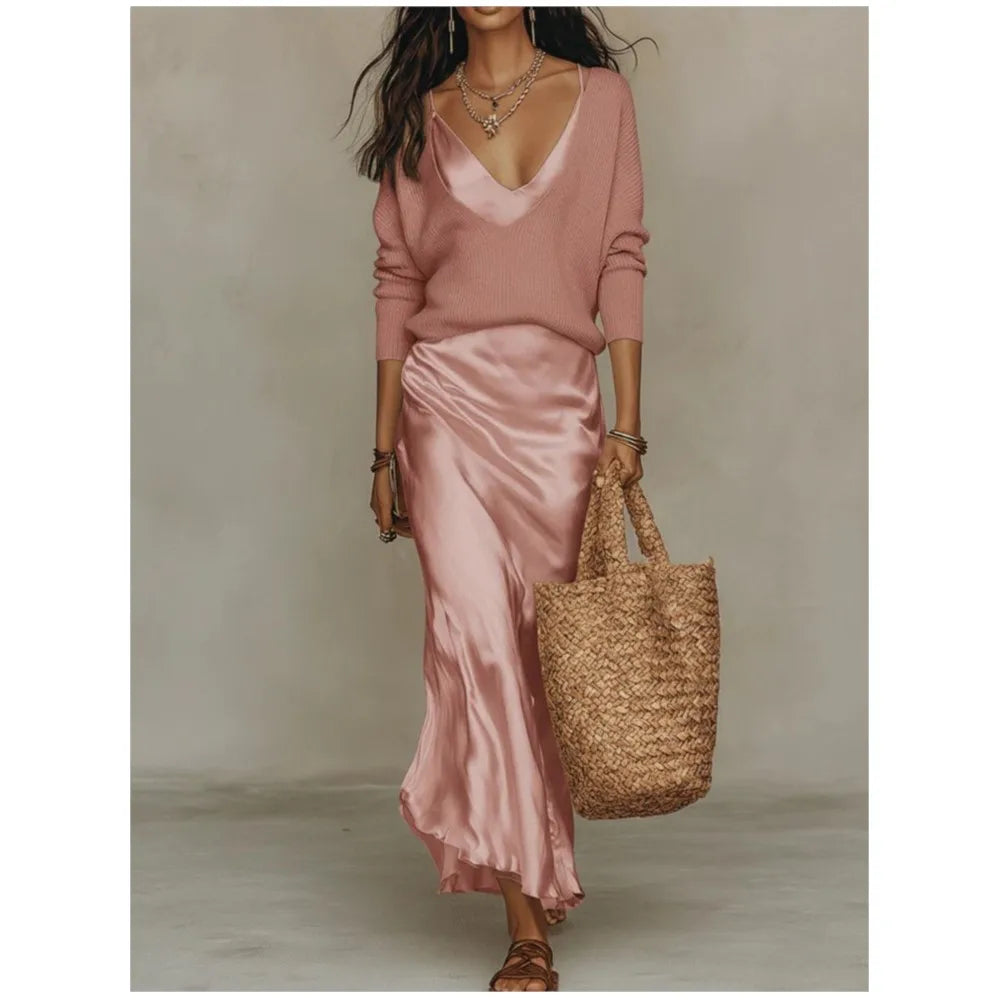 Ximena - Women's V-Neck Top and Satin Maxi Dress Set - Pink