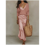 Ximena - Women's V-Neck Top and Satin Maxi Dress Set - Pink