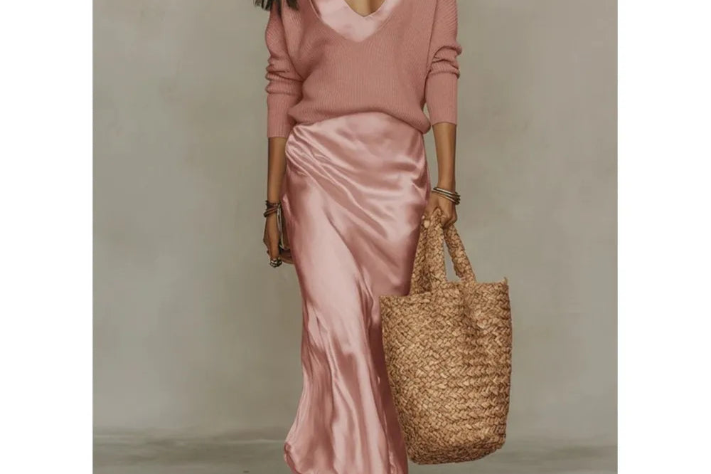 Ximena - Women's V-Neck Top and Satin Maxi Dress Set - Pink