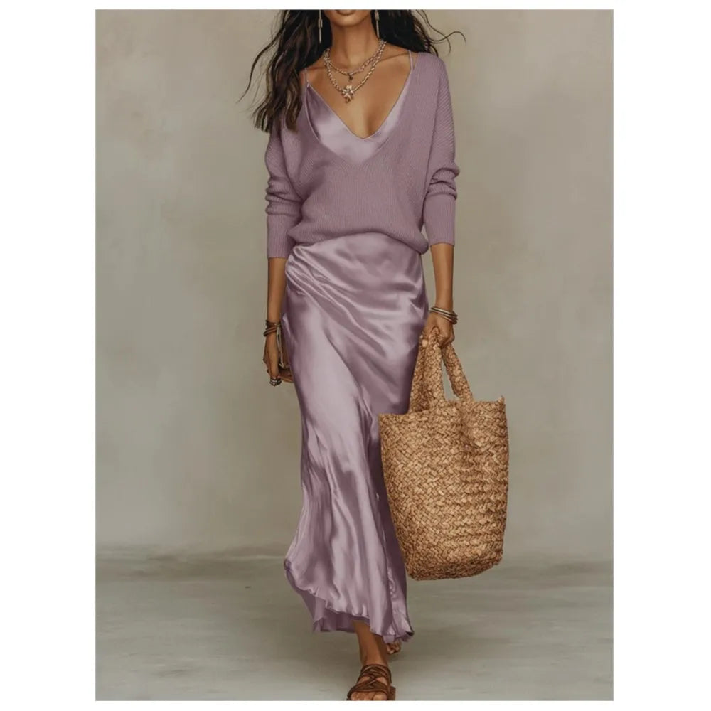 Ximena - Women's V-Neck Top and Satin Maxi Dress Set - Purple
