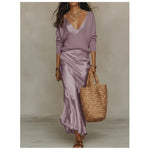 Ximena - Women's V-Neck Top and Satin Maxi Dress Set - Purple