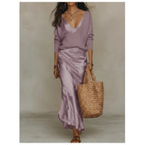 Ximena - Women's V-Neck Top and Satin Maxi Dress Set - Purple