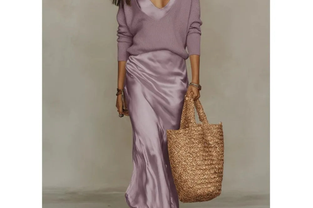 Ximena - Women's V-Neck Top and Satin Maxi Dress Set - Purple