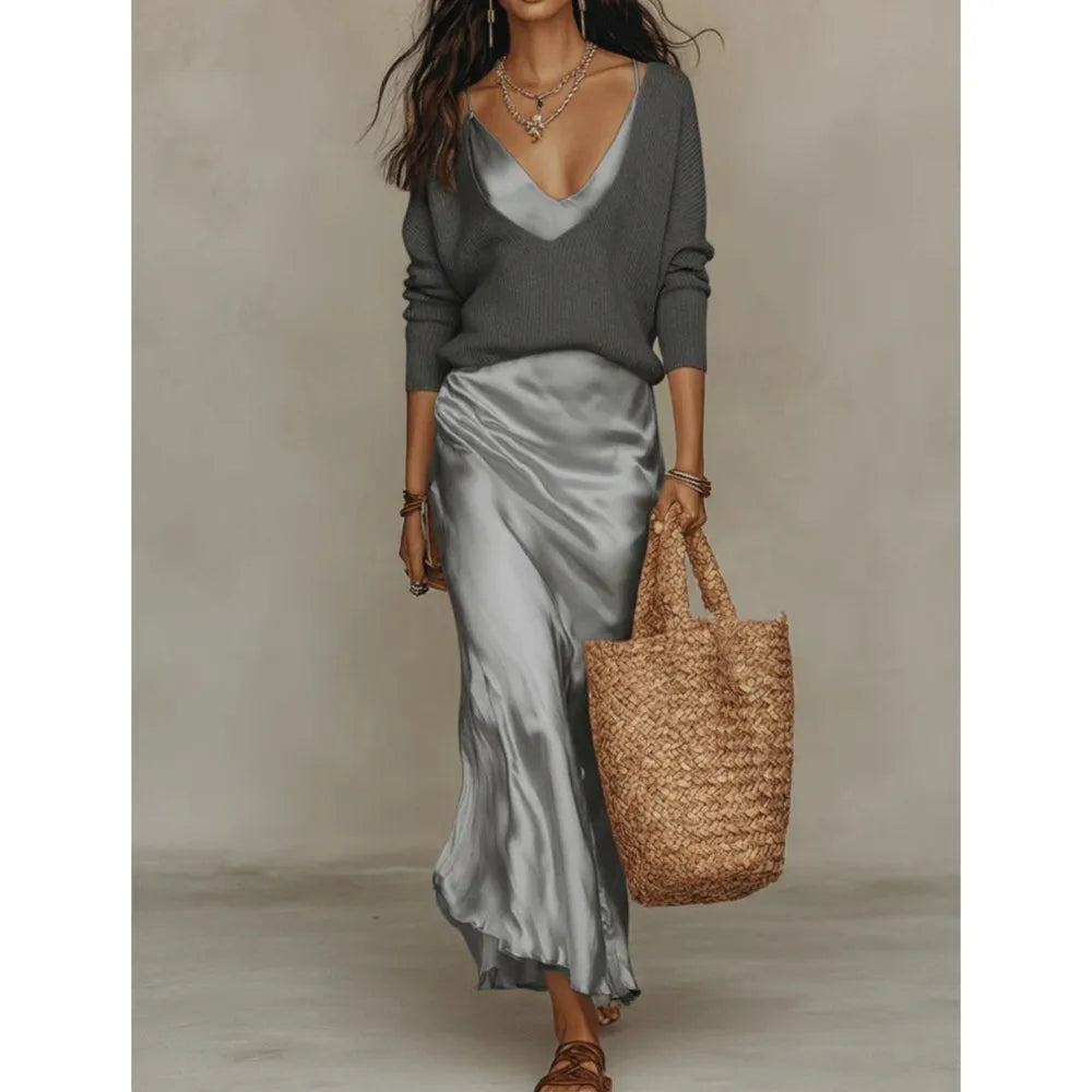 Ximena - Women's V-Neck Top and Satin Maxi Dress Set - Gray