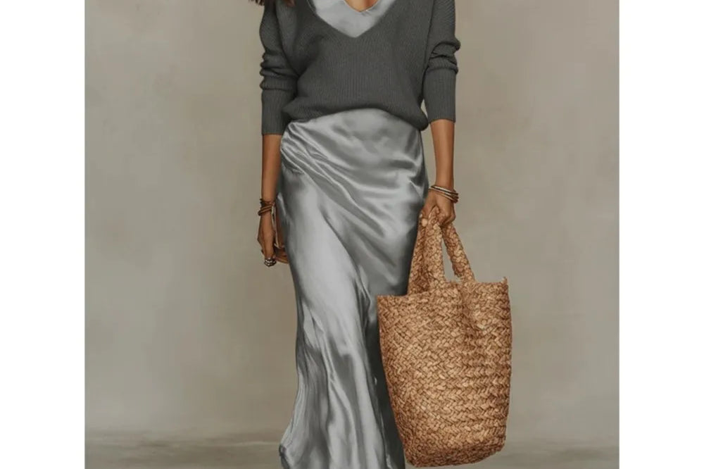Ximena - Women's V-Neck Top and Satin Maxi Dress Set - Gray