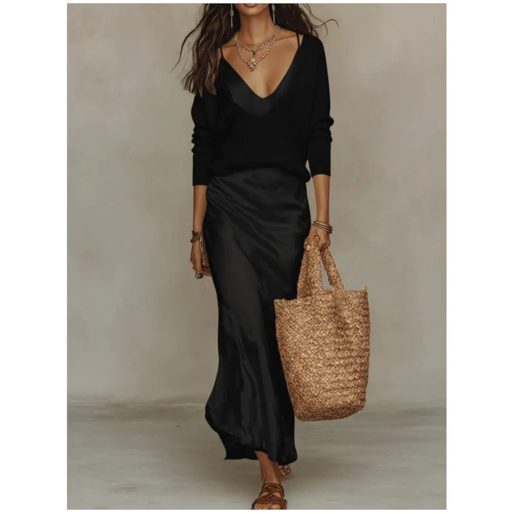 Ximena - Women's V-Neck Top and Satin Maxi Dress Set - Black
