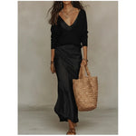 Ximena - Women's V-Neck Top and Satin Maxi Dress Set - Black