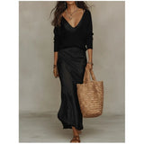 Ximena - Women's V-Neck Top and Satin Maxi Dress Set - Black