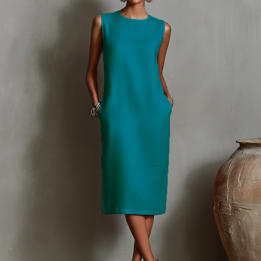 Women's Sheath Dress | Sleeveless Round-Neck Midi Dress with Pockets