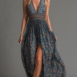 Yelena - Women's Teal Floral Chiffon Tiered Maxi Dress - Teal