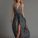 Yelena - Women's Teal Floral Chiffon Tiered Maxi Dress