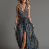 Yelena - Women's Teal Floral Chiffon Tiered Maxi Dress