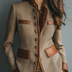 Ysolde - Women's Herringbone Tweed Jacket with Leather-Look Trim - Brown