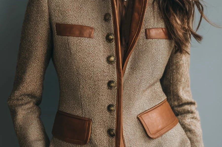 Ysolde - Women's Herringbone Tweed Jacket with Leather-Look Trim - Brown