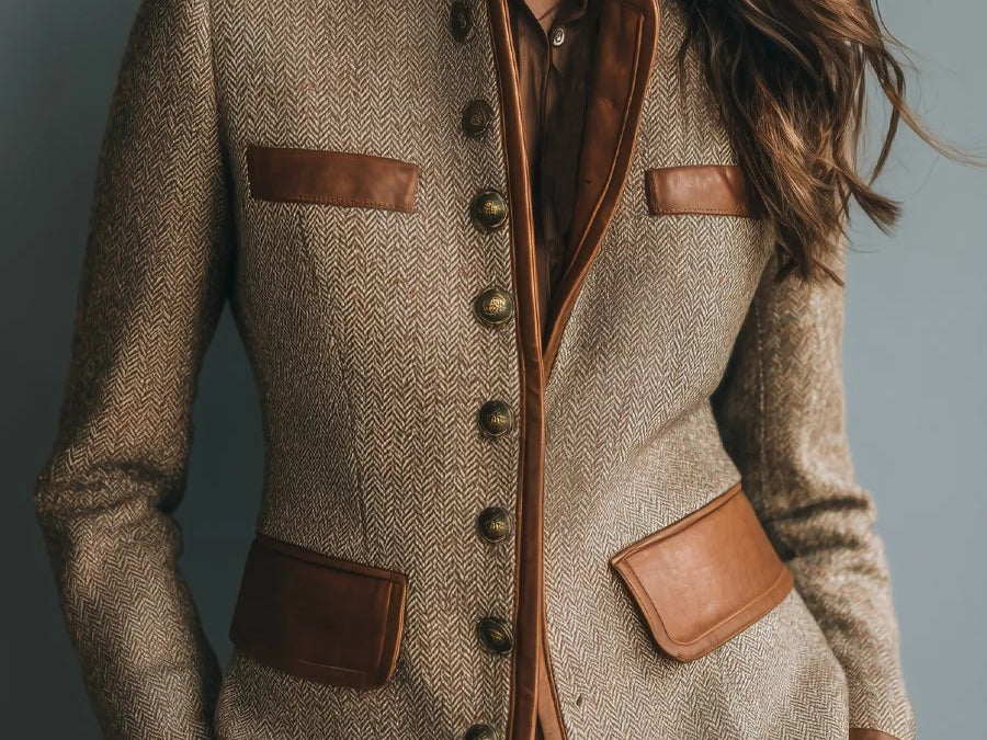 Ysolde - Women's Herringbone Tweed Jacket with Leather-Look Trim - Brown