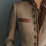 Ysolde - Women's Herringbone Tweed Jacket with Leather-Look Trim