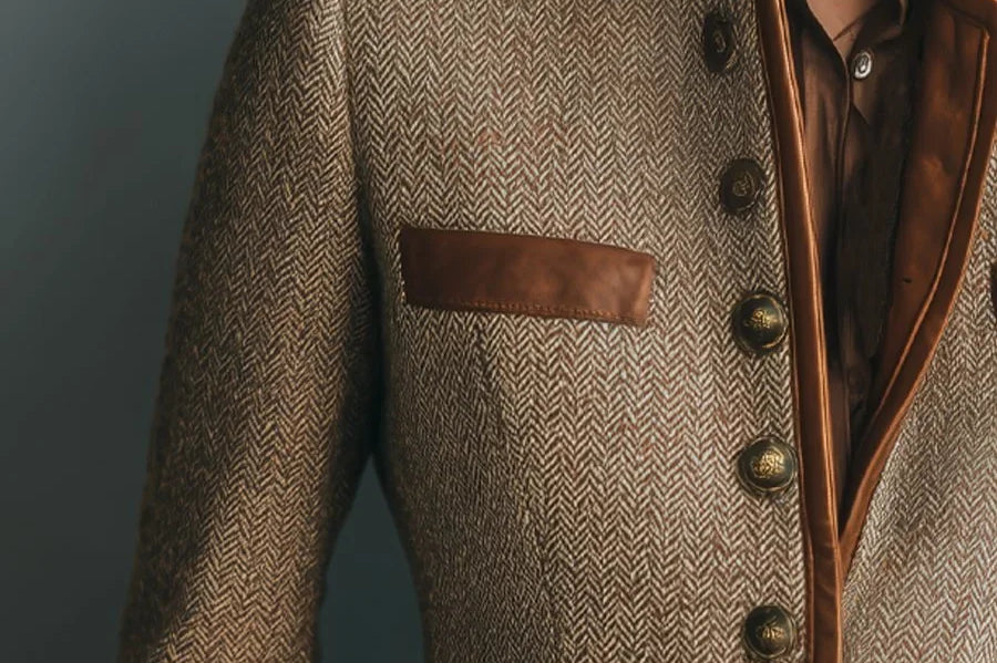 Ysolde - Women's Herringbone Tweed Jacket with Leather-Look Trim
