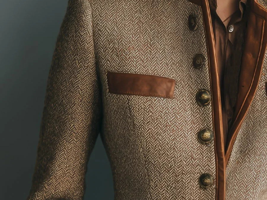 Ysolde - Women's Herringbone Tweed Jacket with Leather-Look Trim