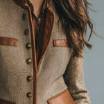 Ysolde - Women's Herringbone Tweed Jacket with Leather-Look Trim