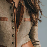 Ysolde - Women's Herringbone Tweed Jacket with Leather-Look Trim
