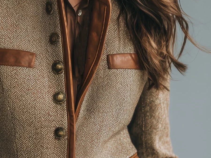 Ysolde - Women's Herringbone Tweed Jacket with Leather-Look Trim